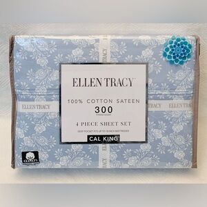 Ellen Tracy Blue Floral Vine Cotton Sateen Sheet Set - California King